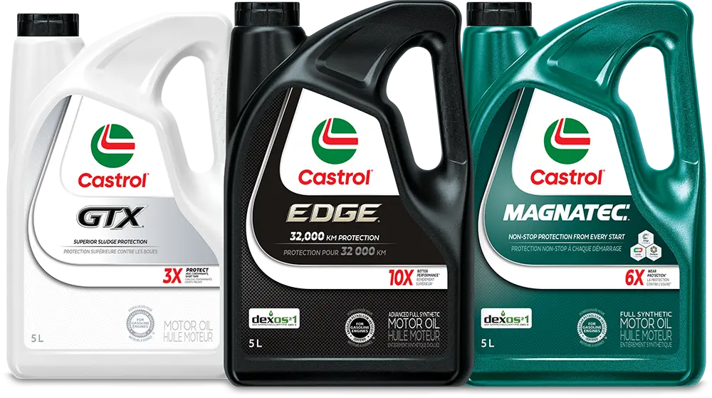 Trois types différents de Castrol, GTX, EDGE et MAGNATEC